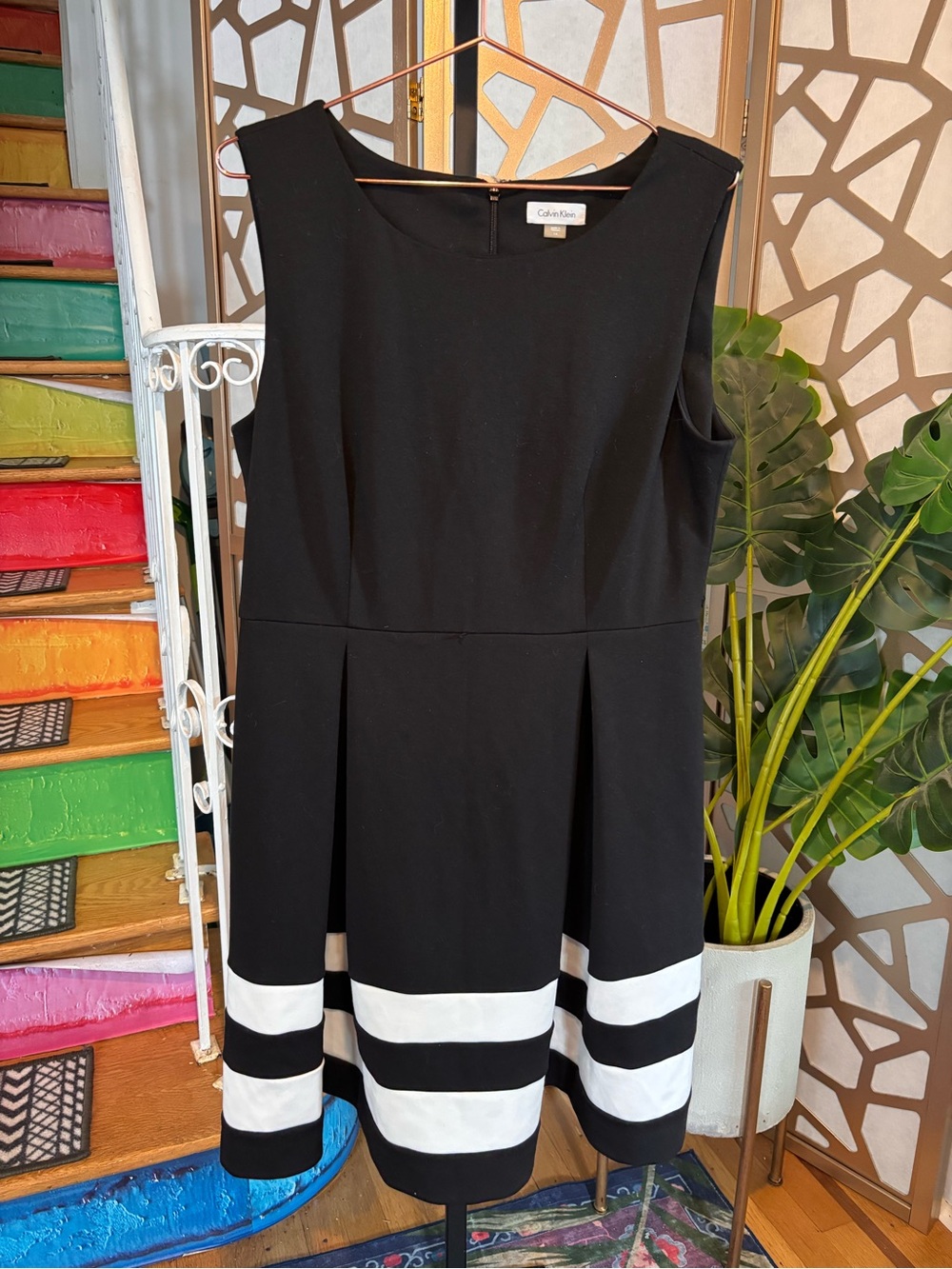 Calvin Klein Black Fit Flare Dress White Stripe Hem 14